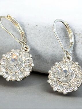 Crystal Halo Drop Earrings - Silver Tone Lever Back